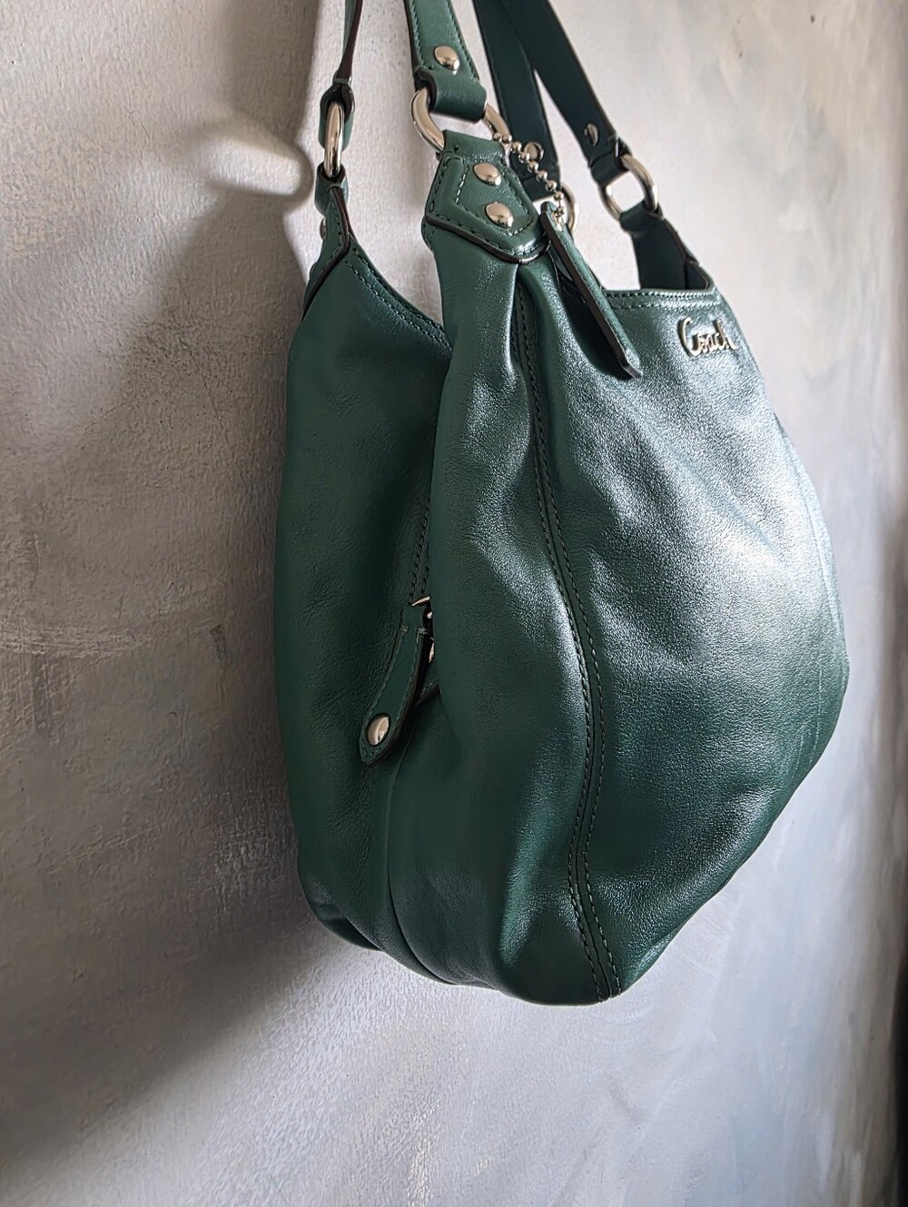 Coach Ashley Teal Green Leather Hobo Slouchy Shoulder Bag F21926 12x9x3 - Picture 8 of 12